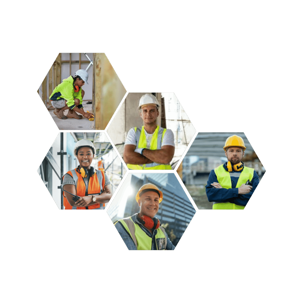 Group of five home builders posing and smiling on construction sites in Australia