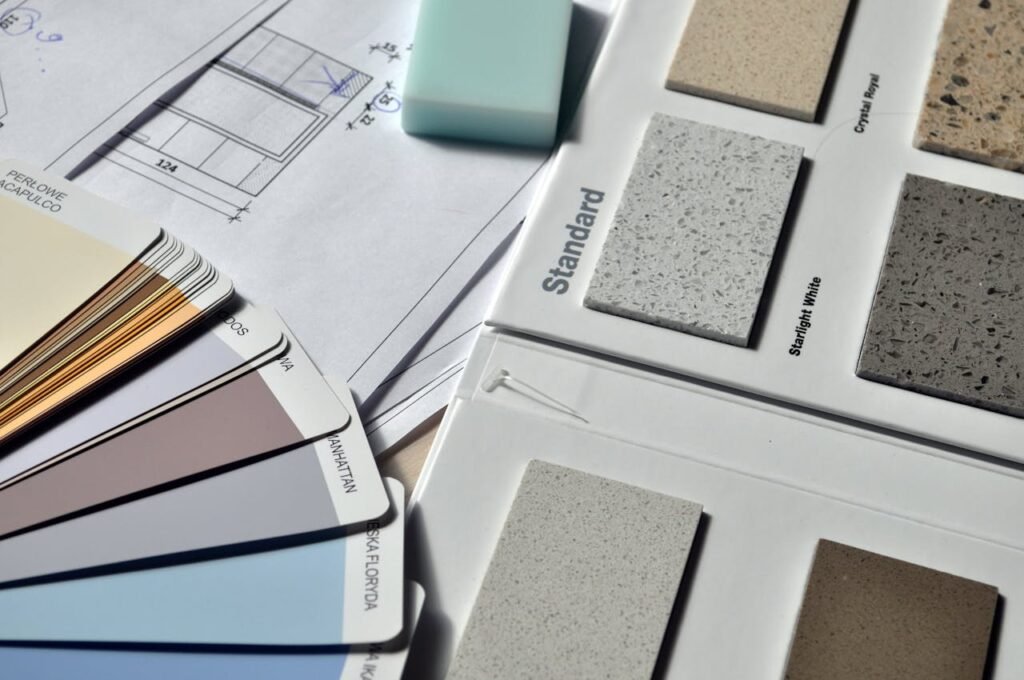 Home renovation material samples Melbourne showing color palette and tile options for interior design