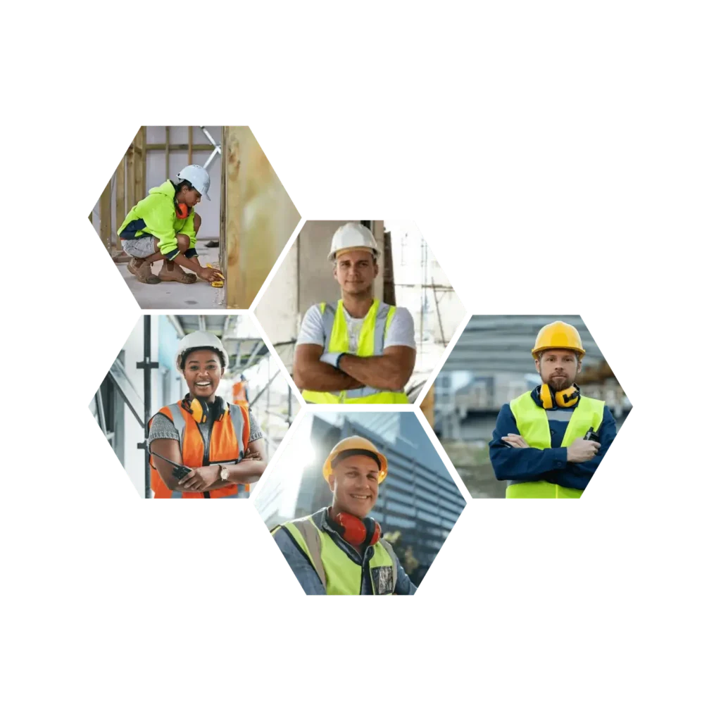 Group of five home builders posing and smiling on construction sites in Australia